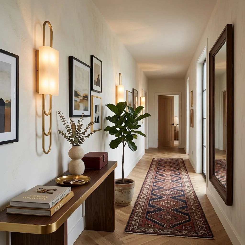 Modern Alabaster Wall Sconce in Designer Hallway Corridor