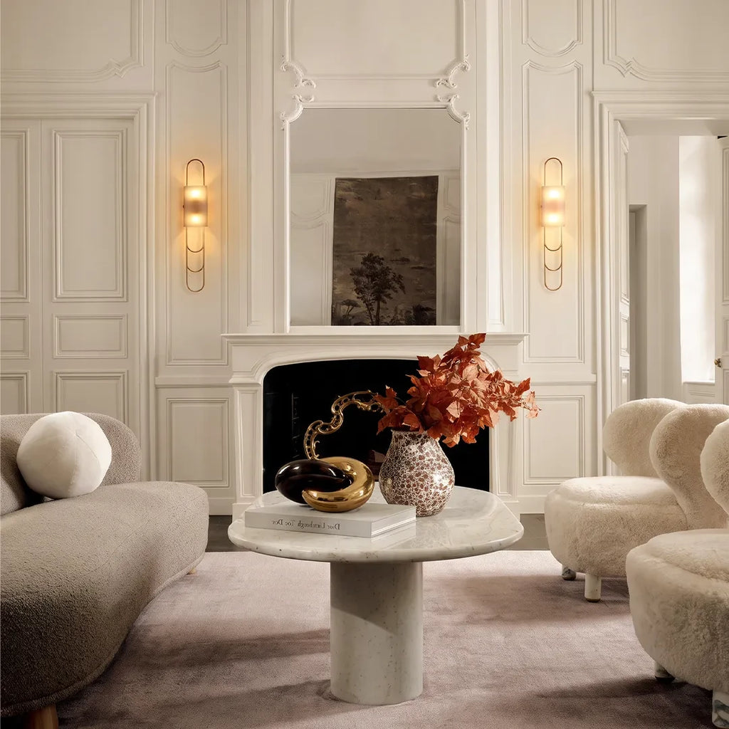 Modern Brass Alabaster Wall Sconce in Sophisticated Living Room