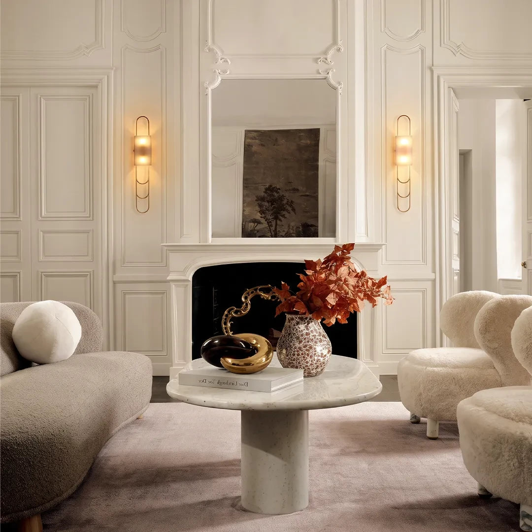 Modern Brass Alabaster Wall Sconce in Sophisticated Living Room