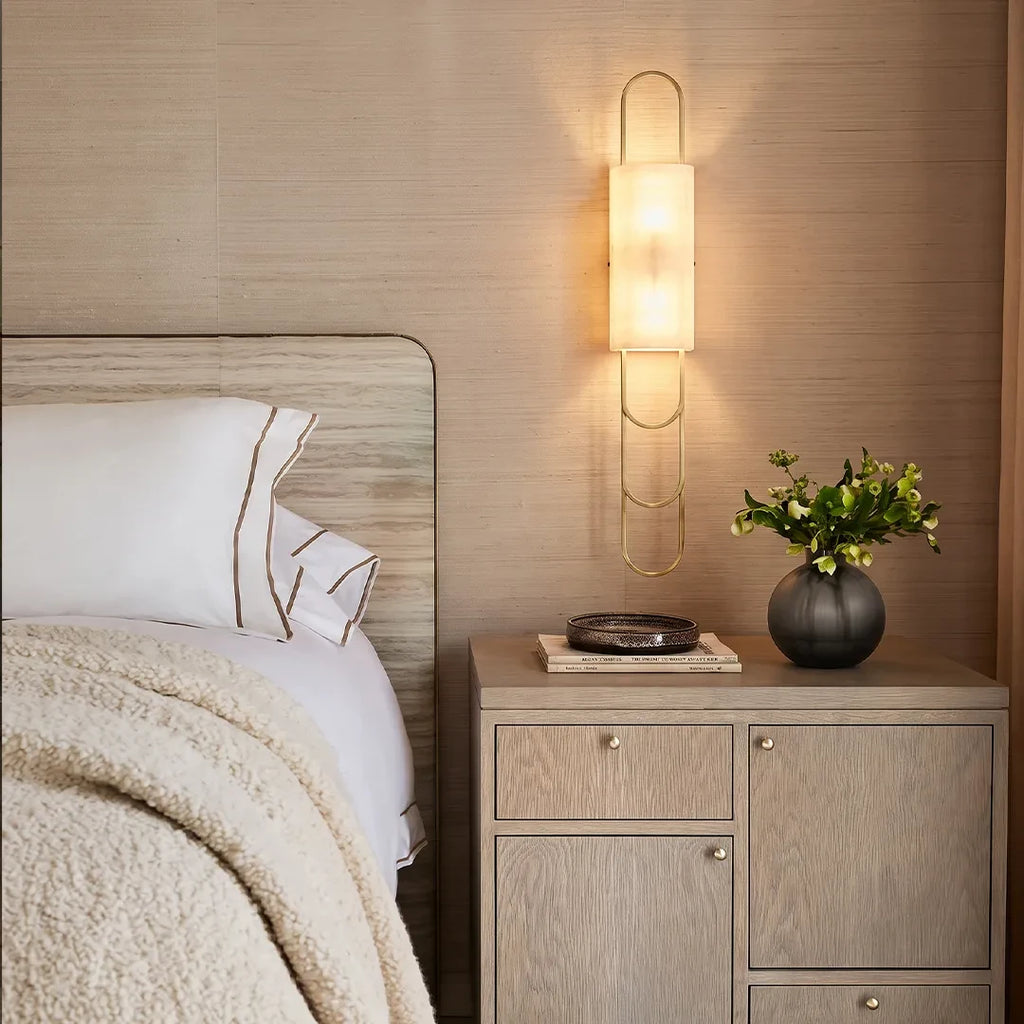 Modern Alabaster Wall Sconce in Cozy Master Bedroom Setting