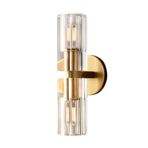 Modern Brass and Double-Tier Crystal Cylinder Art Glass Wall Sconce with Gold Canopy on Pure White Background