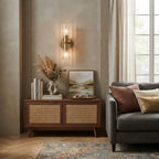 Modern Brass Crystal Cylinder Wall Sconce in Cozy Living Room Setting