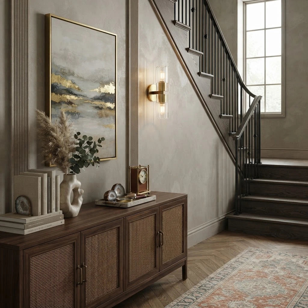 Modern Crystal Cylinder Art Glass Wall Sconce in Staircase Landing