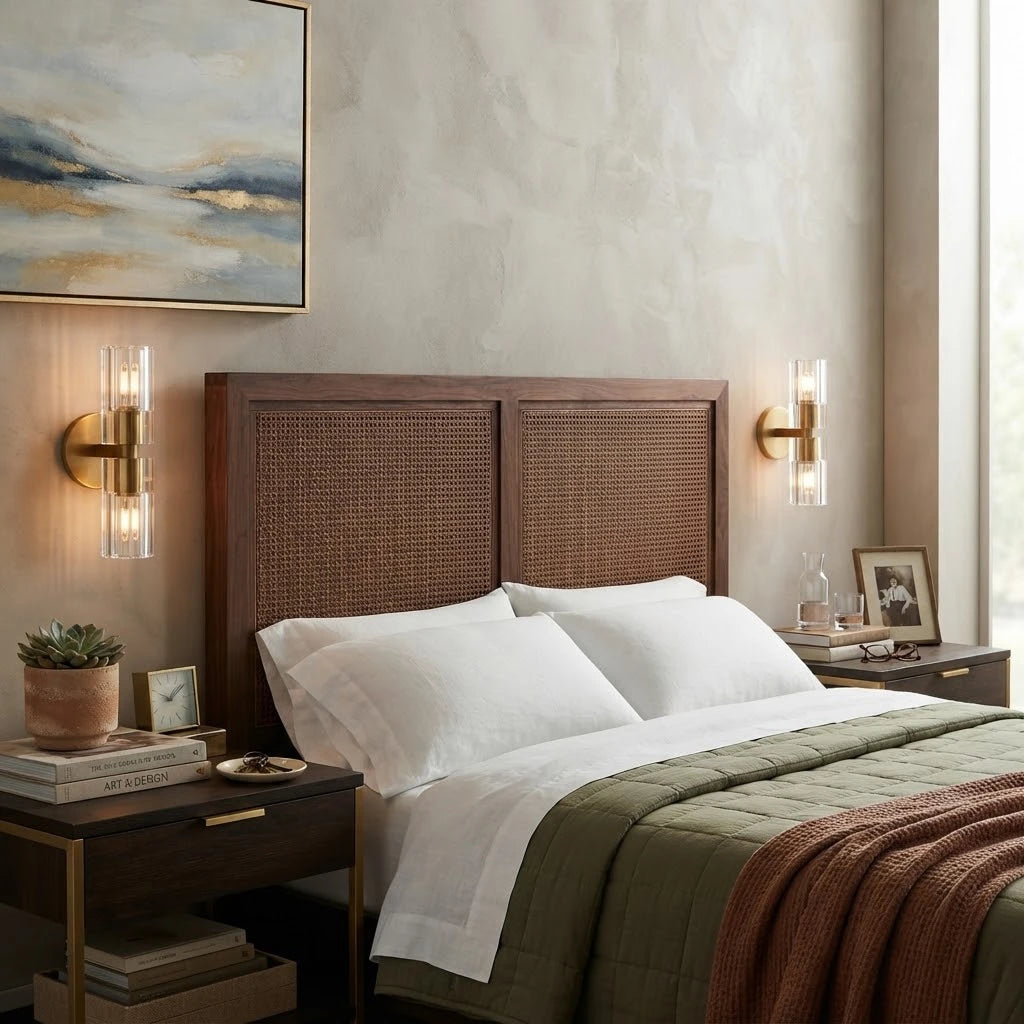 Modern Crystal Cylinder Art Glass Wall Sconce in Master Bedroom Interior