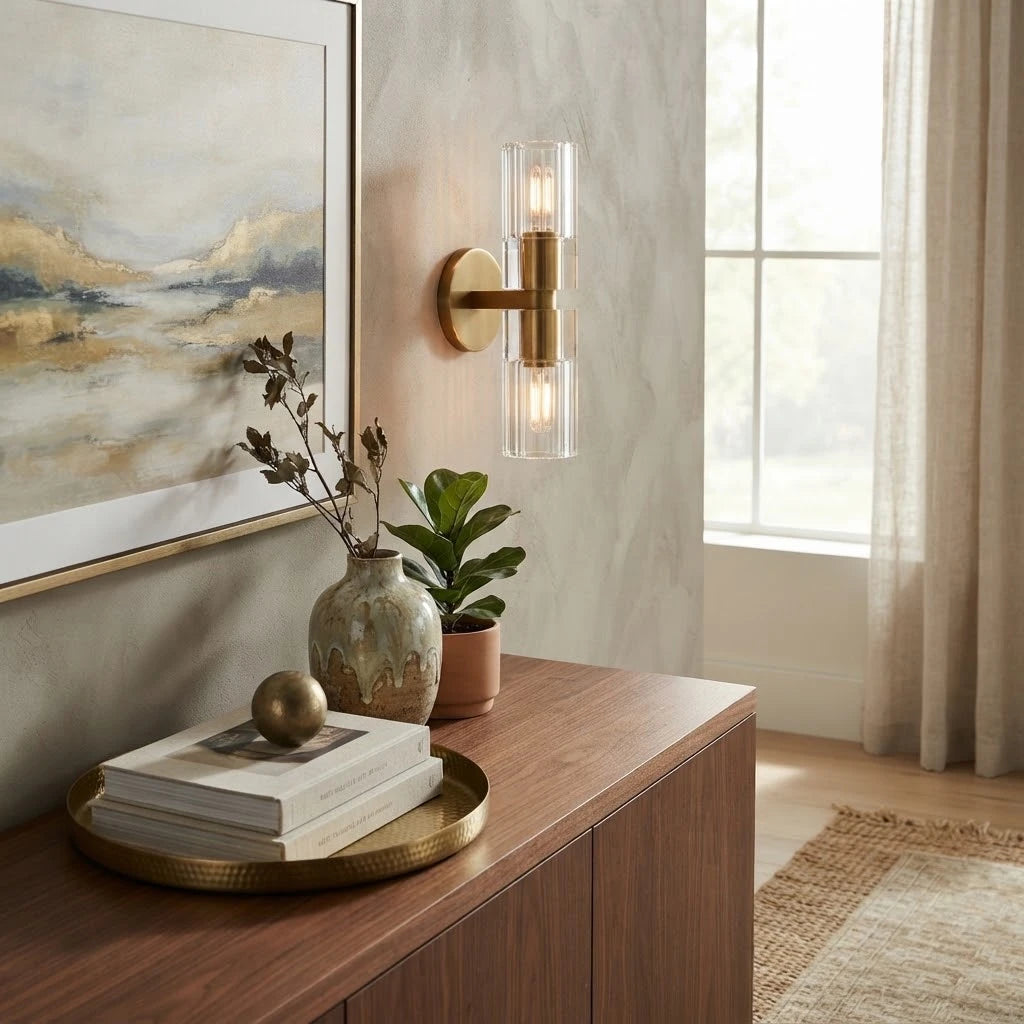 Modern Brass Crystal Cylinder Wall Sconce in Designer Foyer Space
