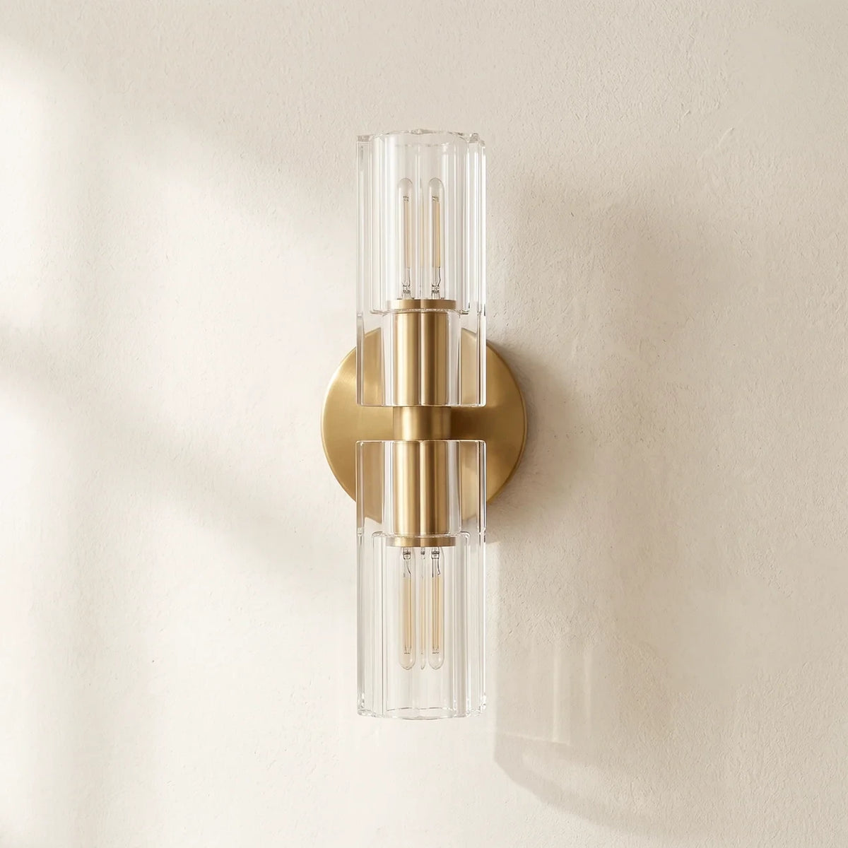 Illuminated Modern Brass Crystal Cylinder Art Glass Wall Sconce Studio Shot