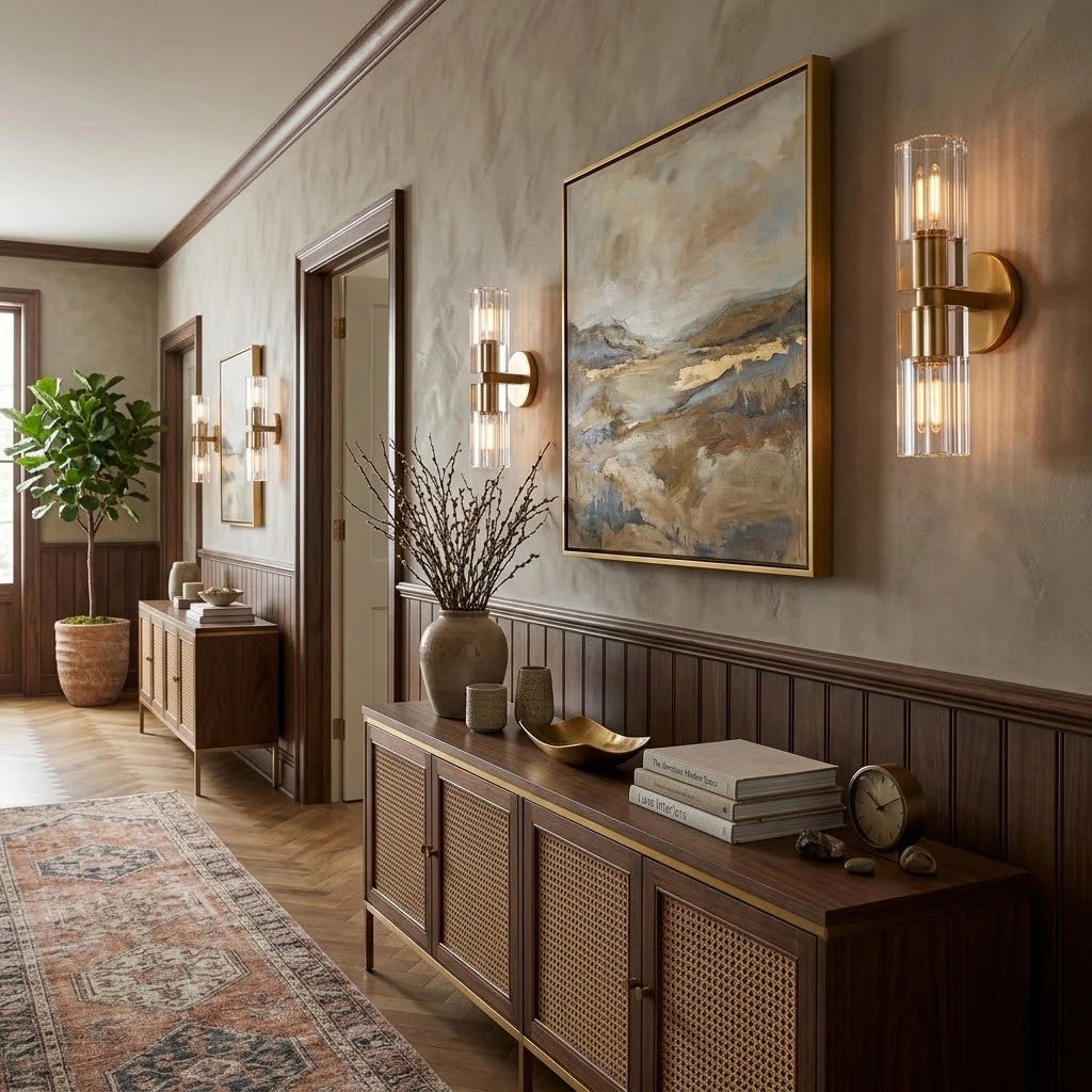 Modern Brass Crystal Cylinder Wall Sconce in Elegant Corridor