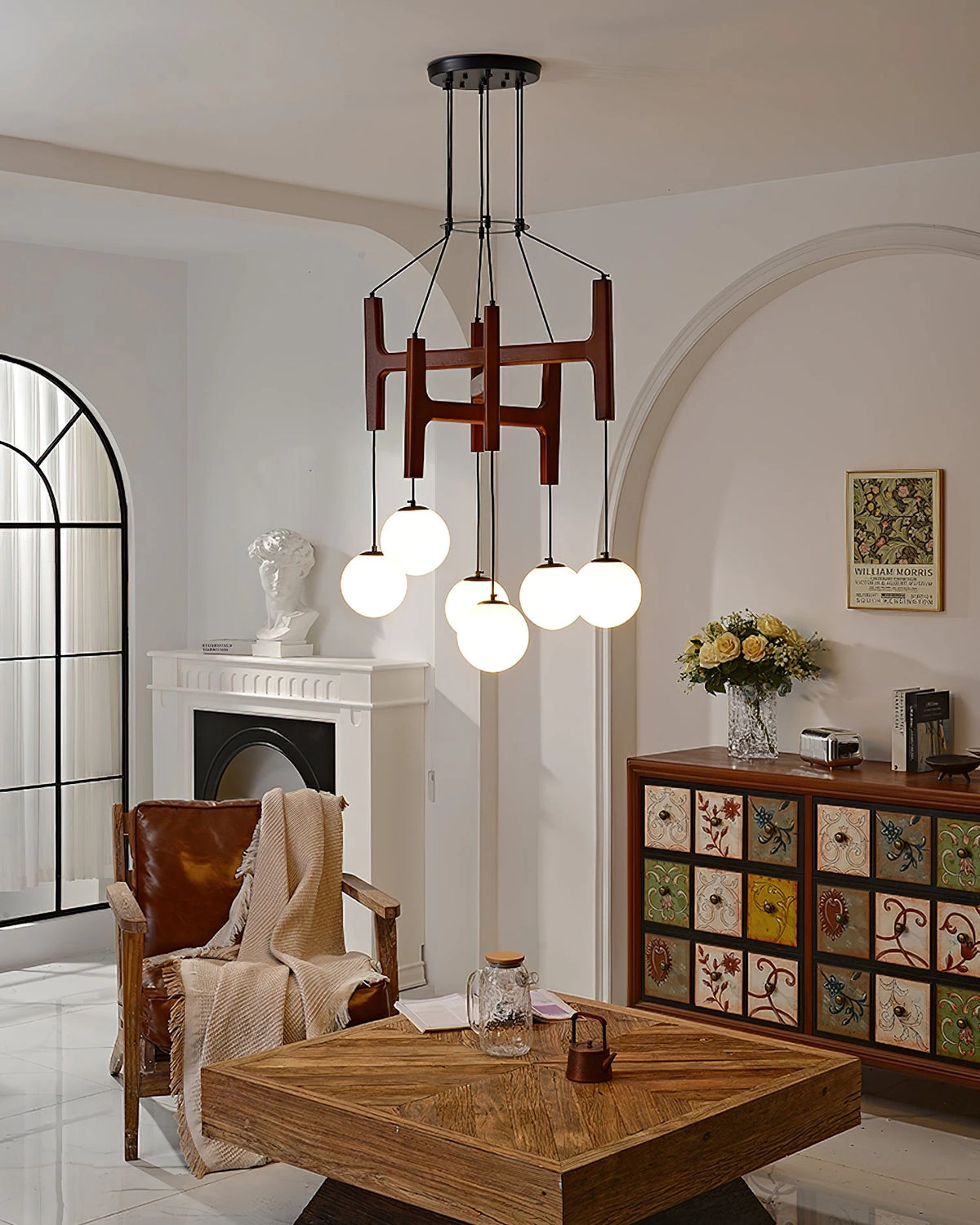 Mid Century Wooden Chandelier Illuminating Cozy Living Room