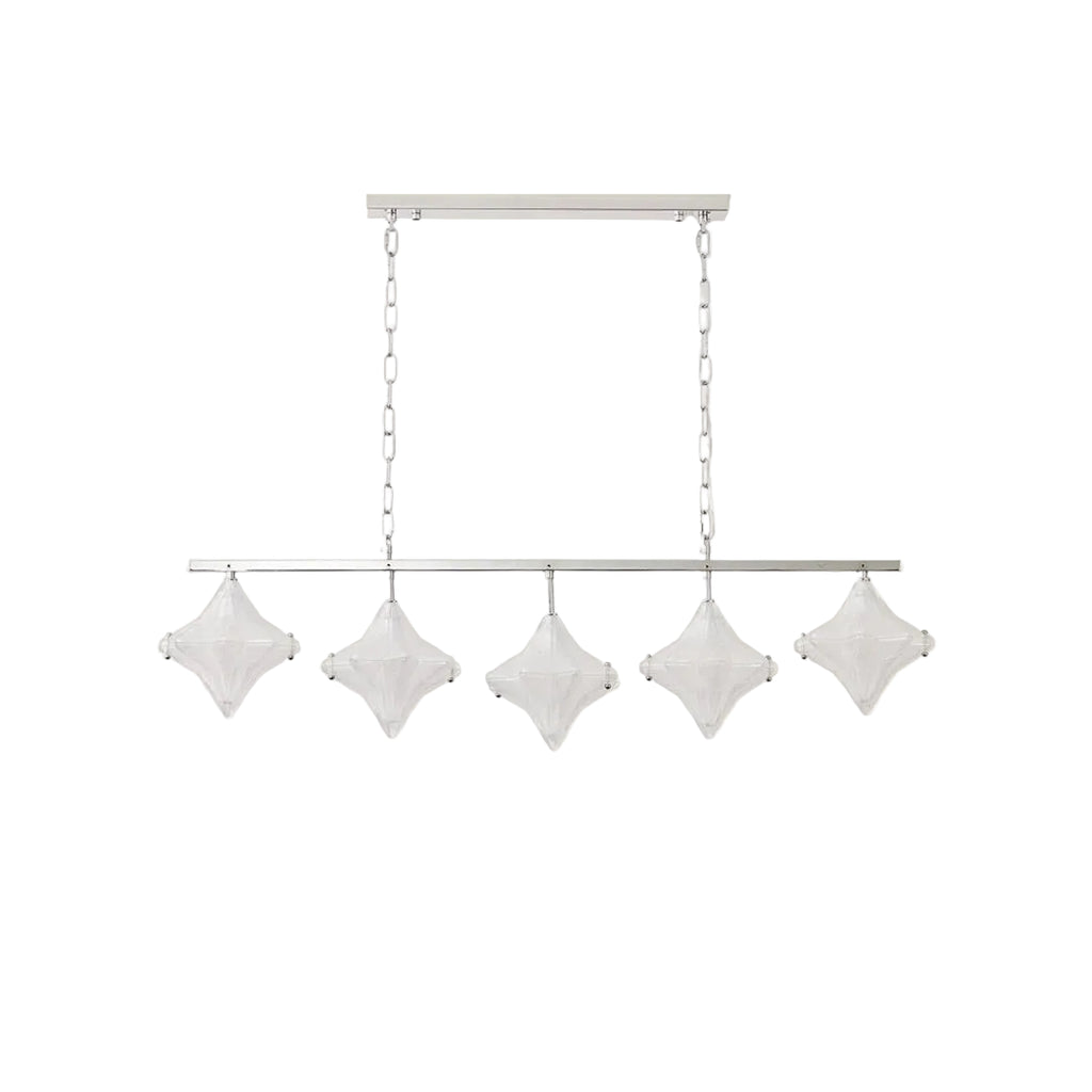 Modern Multi-Light Star Art Glass Linear Chandelier with Silver Chain on Pure White Background