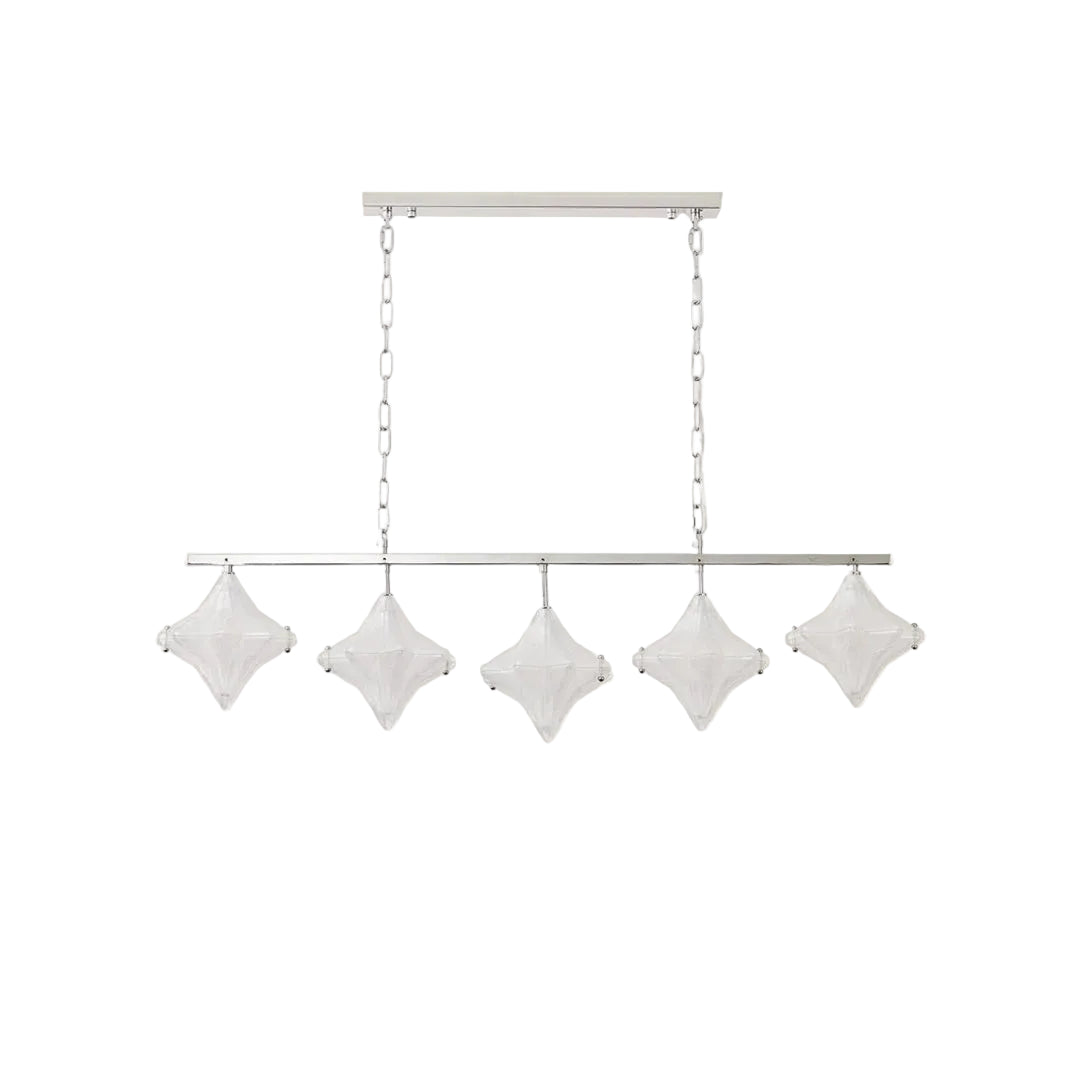 Modern Multi-Light Star Art Glass Linear Chandelier with Silver Chain on Pure White Background