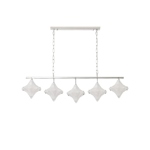 Modern Multi-Light Star Art Glass Linear Chandelier with Silver Chain on Pure White Background