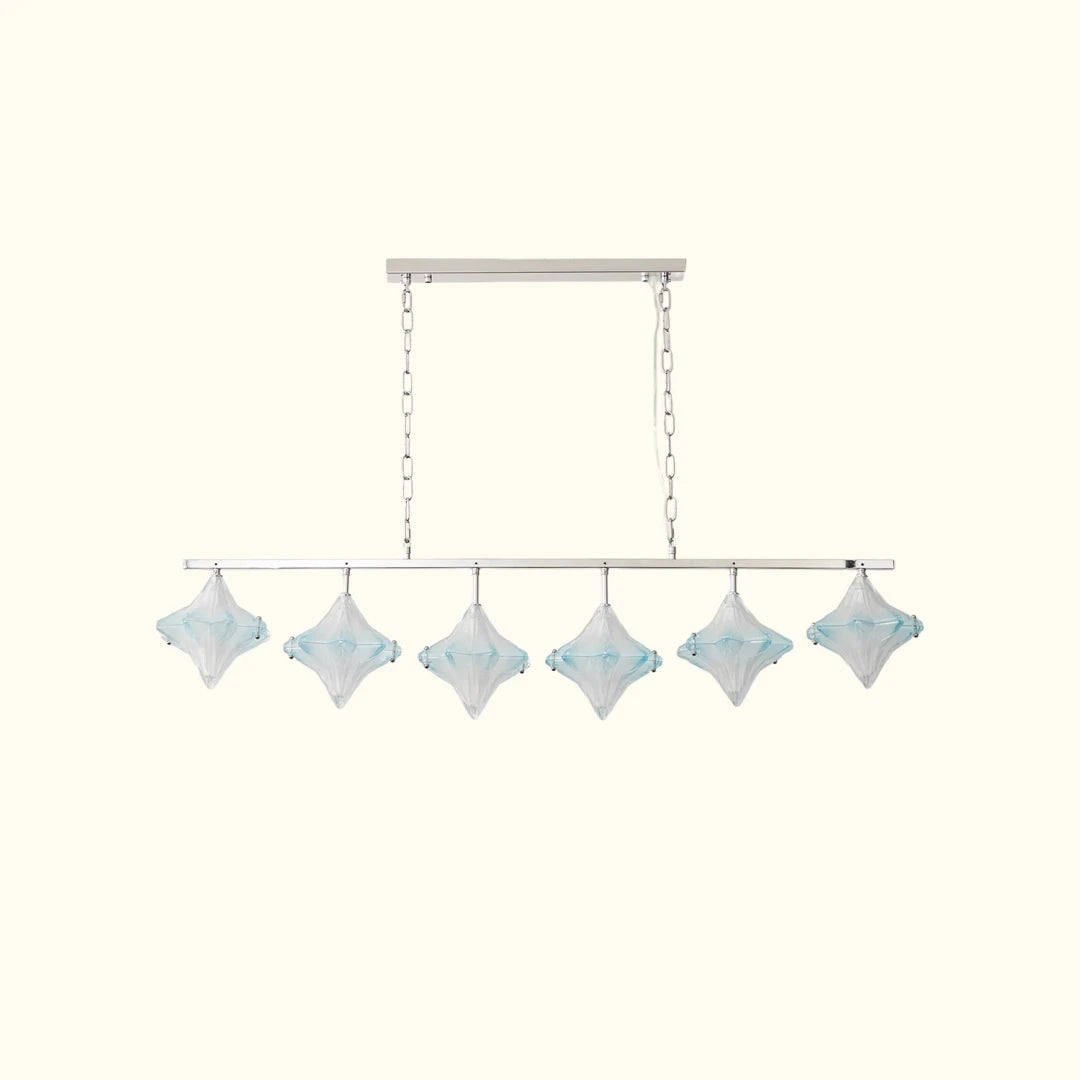 Front View of Modern 5-Light Star Art Glass Linear Chandelier Studio Display