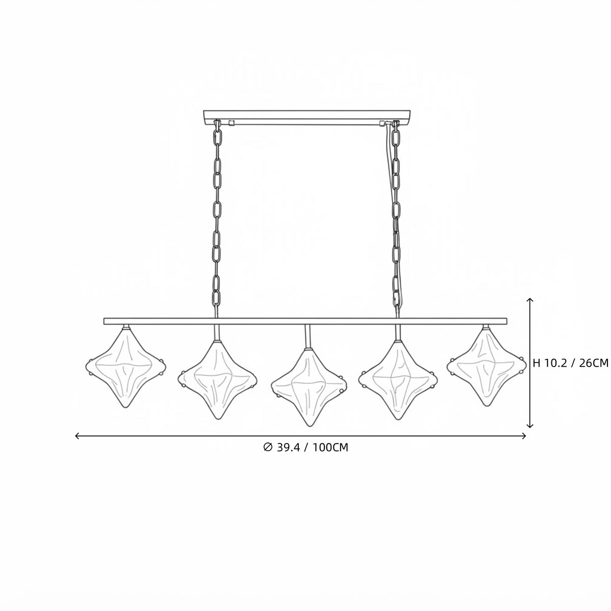 Modern 5-Light Star Art Glass Linear Chandelier Line Art Dimension Diagram