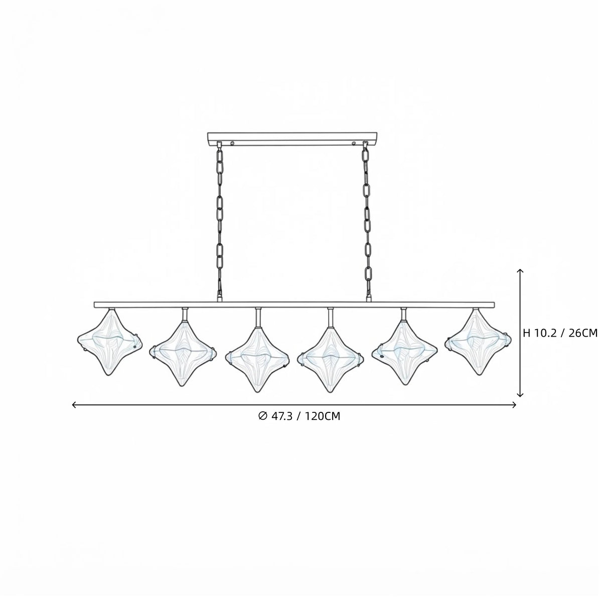 Modern 7-Light Star Art Glass Linear Chandelier Line Art Dimension Diagram