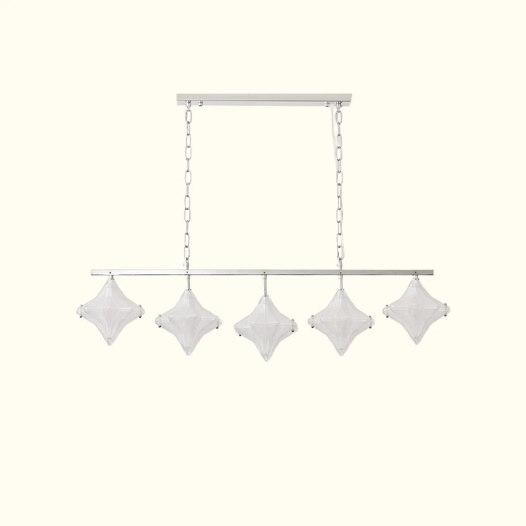 Front View of Modern 5-Light Star Art Glass Linear Chandelier Studio Display