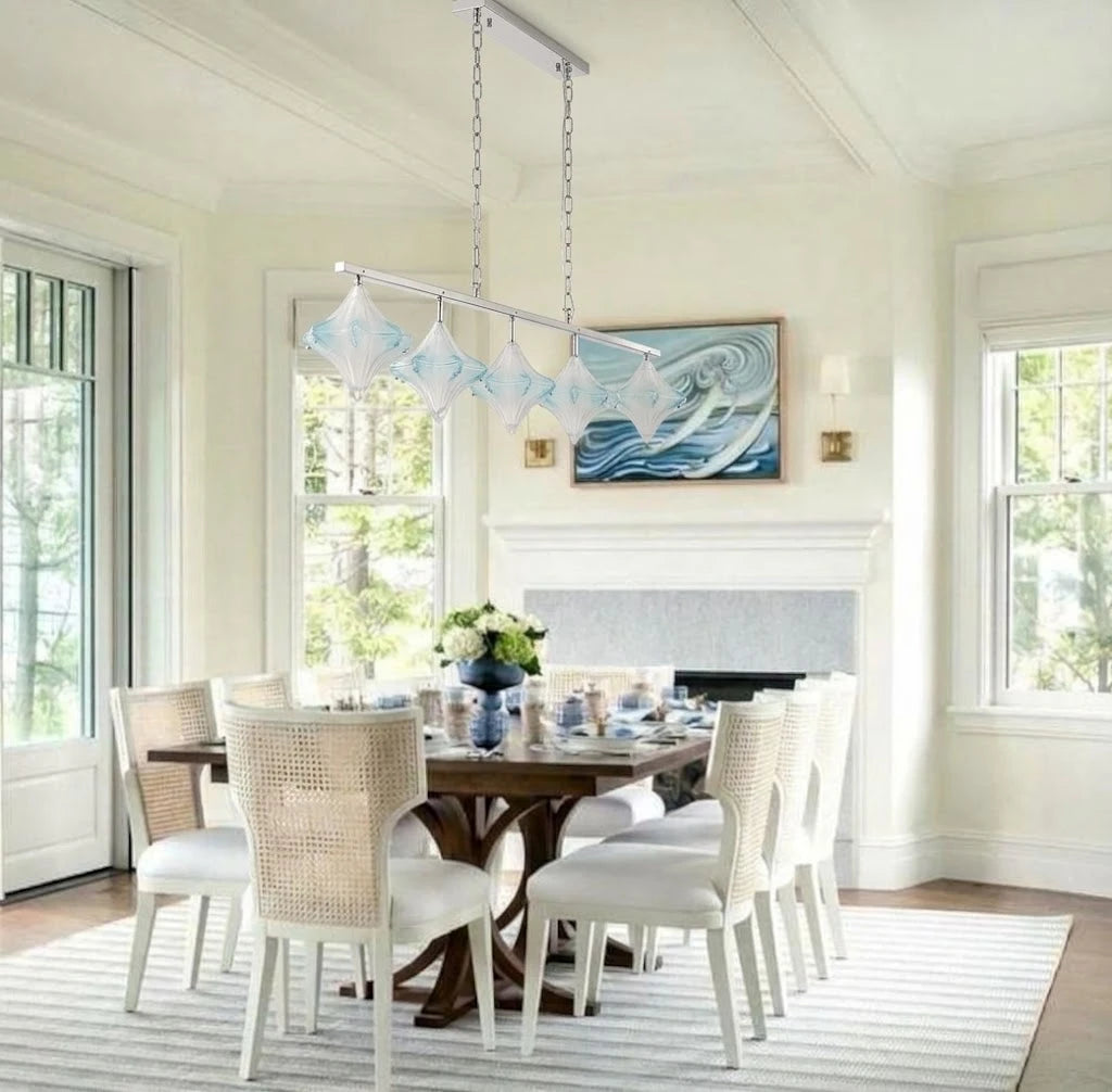 Modern Star Art Glass Linear Chandelier Over Dining Table