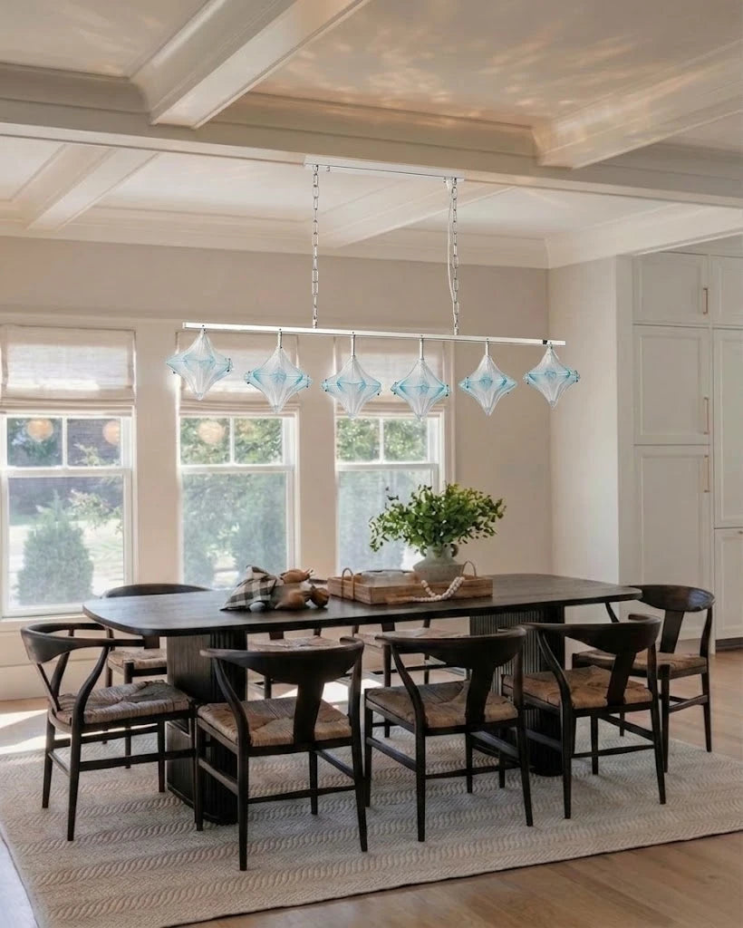 Modern Star Art Glass Linear Chandelier in Formal Dining Room
