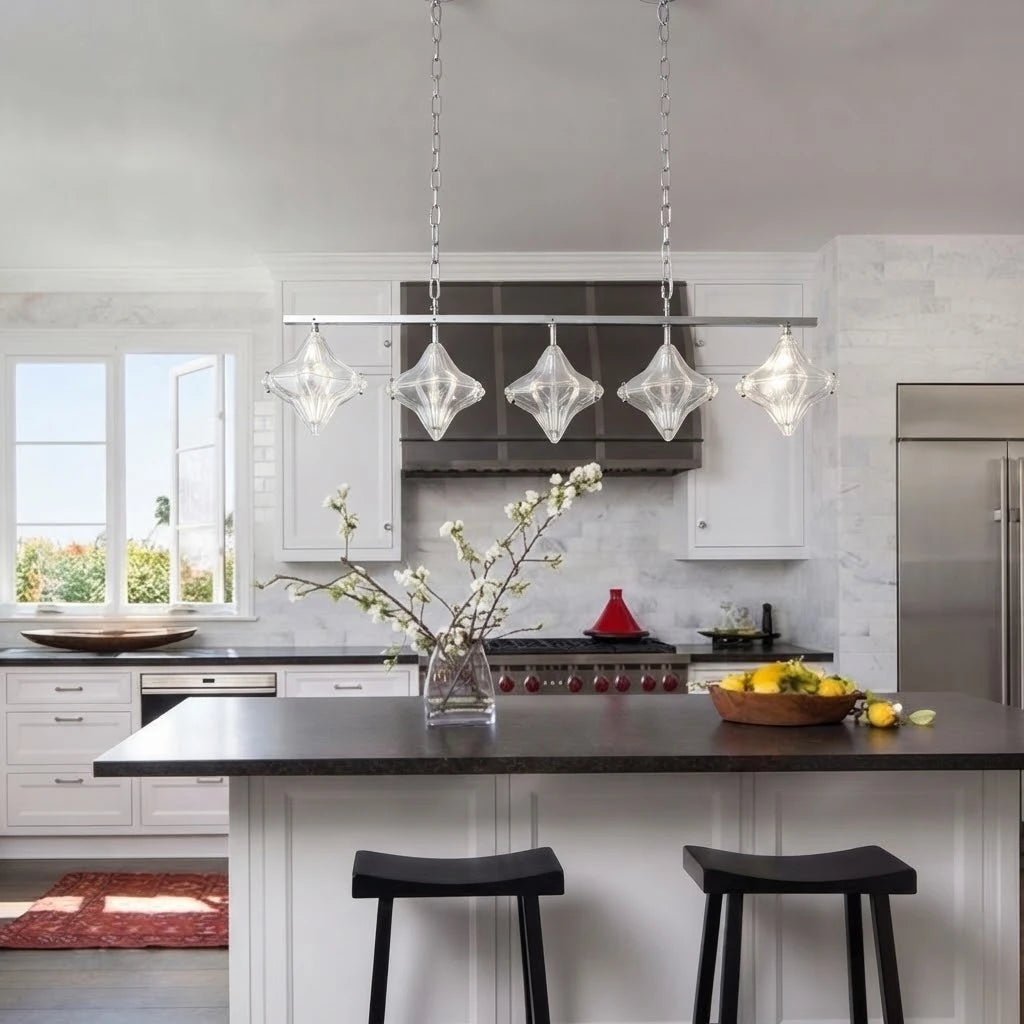 Modern Star Art Glass Linear Chandelier Over Kitchen Island