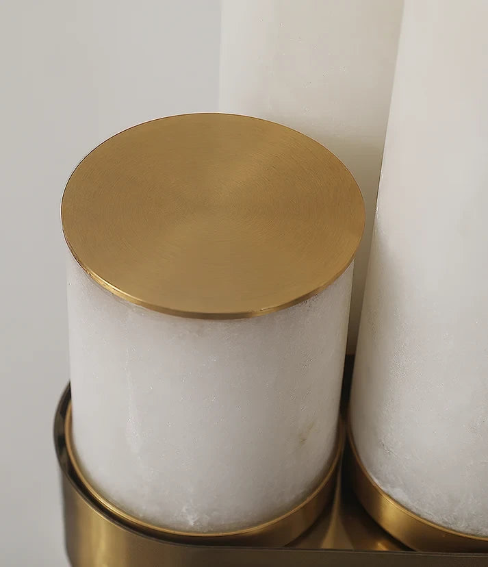 Detail View of Brushed Brass Top Cap on Alabaster Pillar