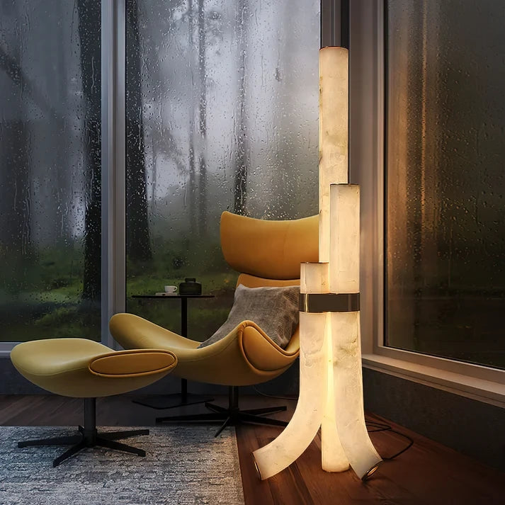Sculptural Alabaster Floor Lamp Illuminating Cozy Evening Lounge