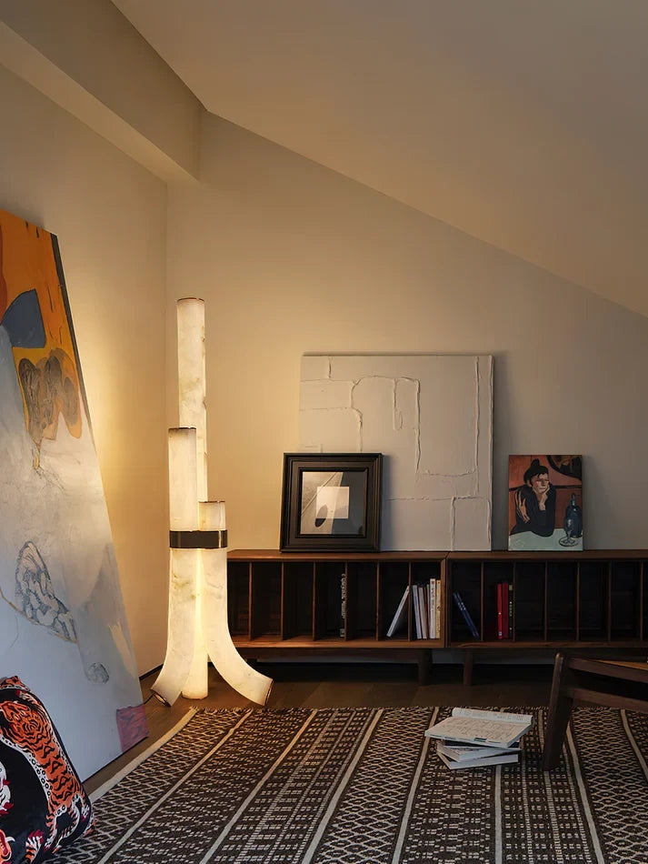 Artistic Alabaster Floor Lamp in Modern Attic Living Room