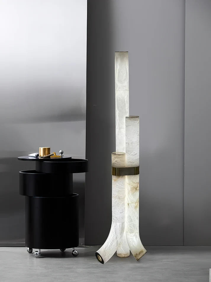 Modern Alabaster Floor Lamp Beside Living Room Credenza