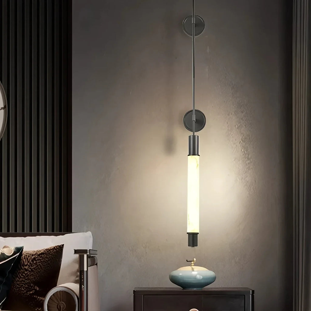 Illuminated Modern Alabaster Art Glass Wall Sconce Beside Bed