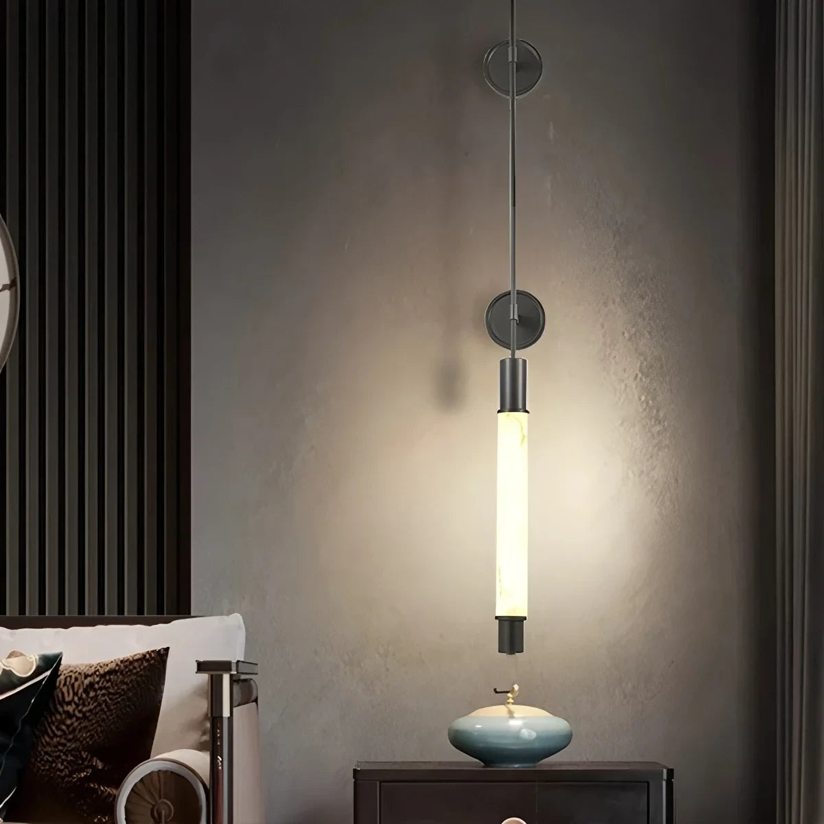 Illuminated Modern Alabaster Art Glass Wall Sconce Beside Bed