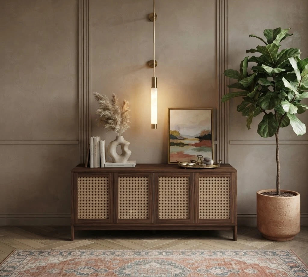 Modern Alabaster Art Glass Wall Sconce Over Living Room Credenza