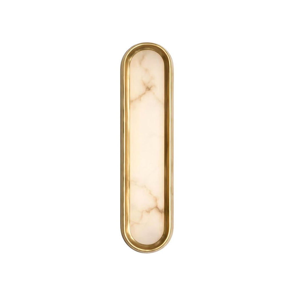 Modern Oval Capsule Alabaster Wall Sconce with Brass Frame on White Background