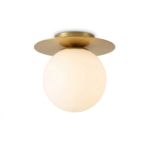 Modern Brass and Globe Art Glass Flush Mount Ceiling Light with Disc Canopy on Pure White Background