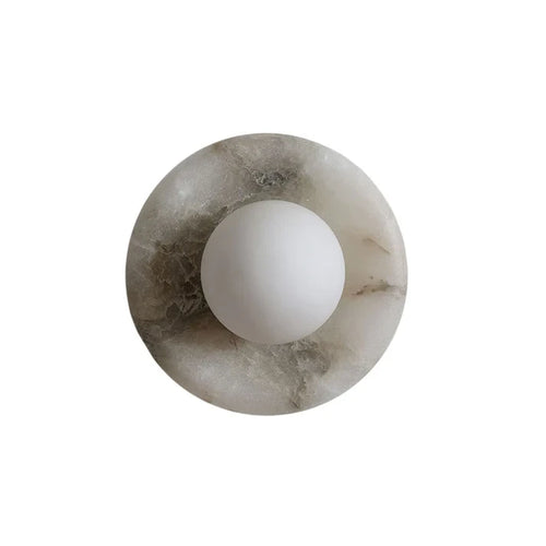Modern Circular Alabaster Art Glass Wall Sconce with Globe Bulb on Pure White Background