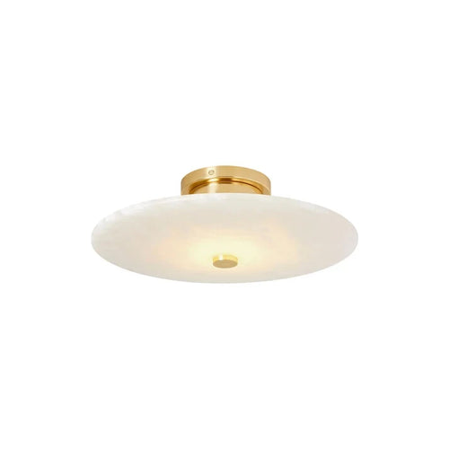 Modern Flat Disc Alabaster Art Glass Flush Mount Ceiling Light with Brass Canopy on Pure White Background