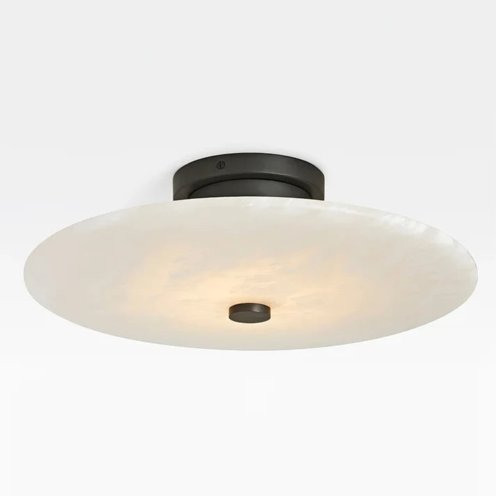 Modern Flat Disc Alabaster Art Glass Flush Mount Light with Black Canopy on Pure White Background