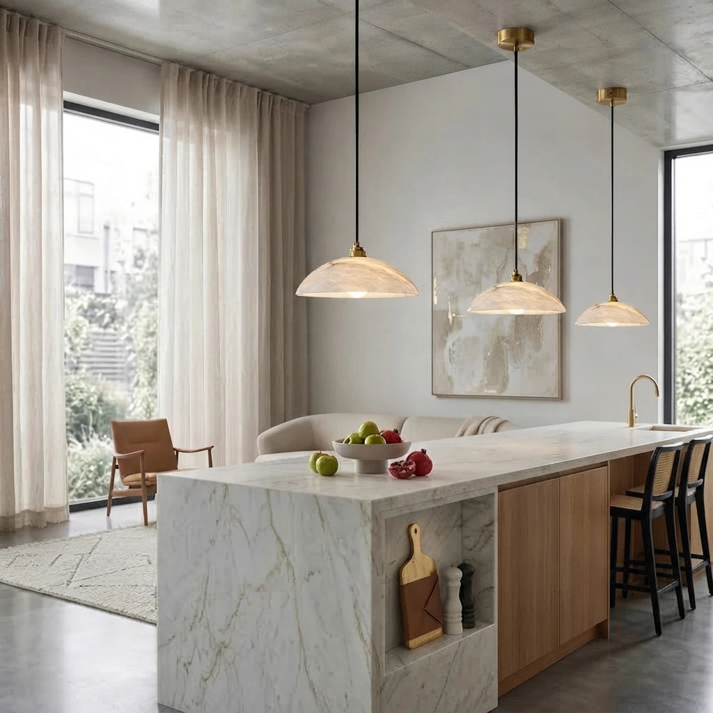 Modern Alabaster Glass Pendant Lights Over Kitchen Island