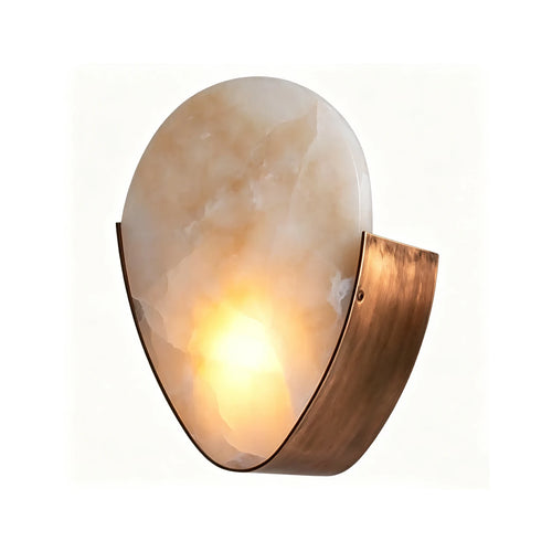 Modern Oval Alabaster Art Glass Wall Sconce with Brass Hardware on Pure White Background