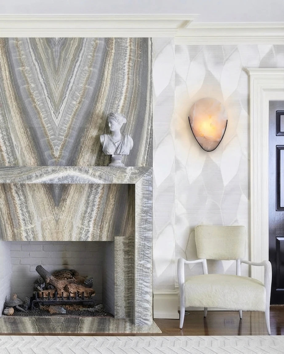 Modern Art Glass Wall Sconce Over Fireplace Setting