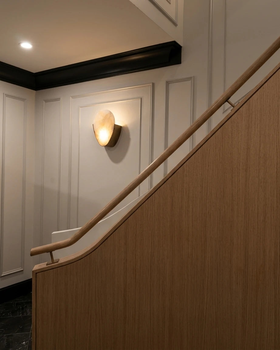 Modern Alabaster Wall Sconce in Staircase Hallway