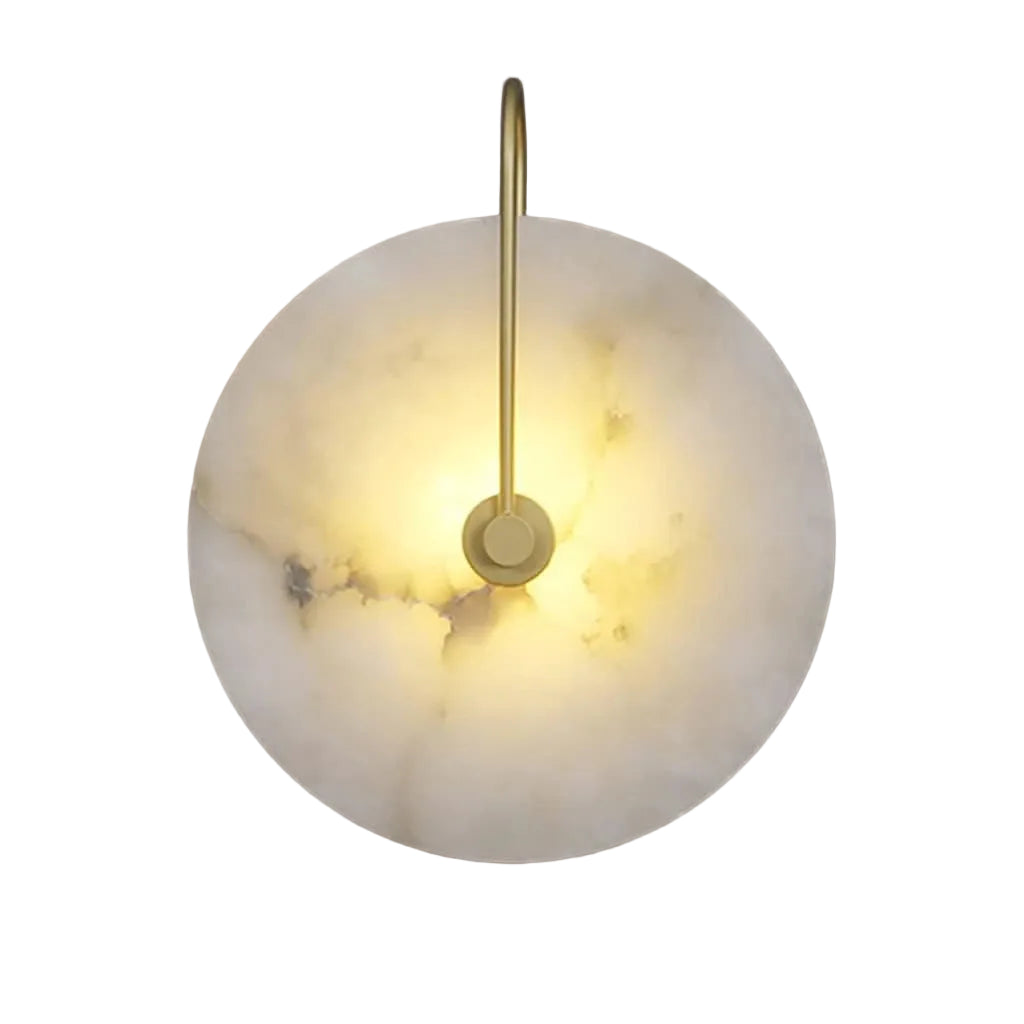 Modern Round Alabaster Art Glass Wall Sconce with Brass Stem on Pure White Background