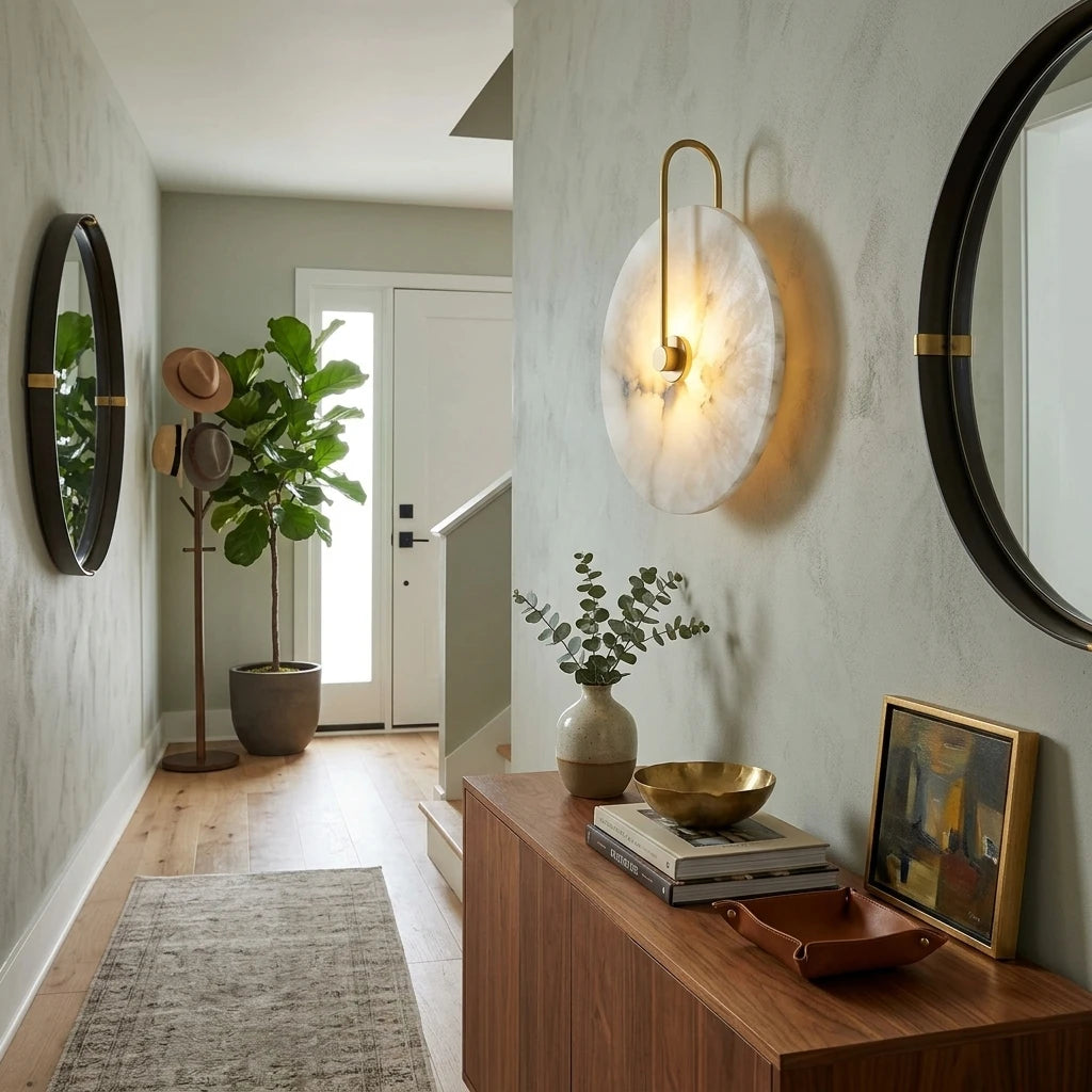 Modern Alabaster Wall Sconce Along Hallway Corridor