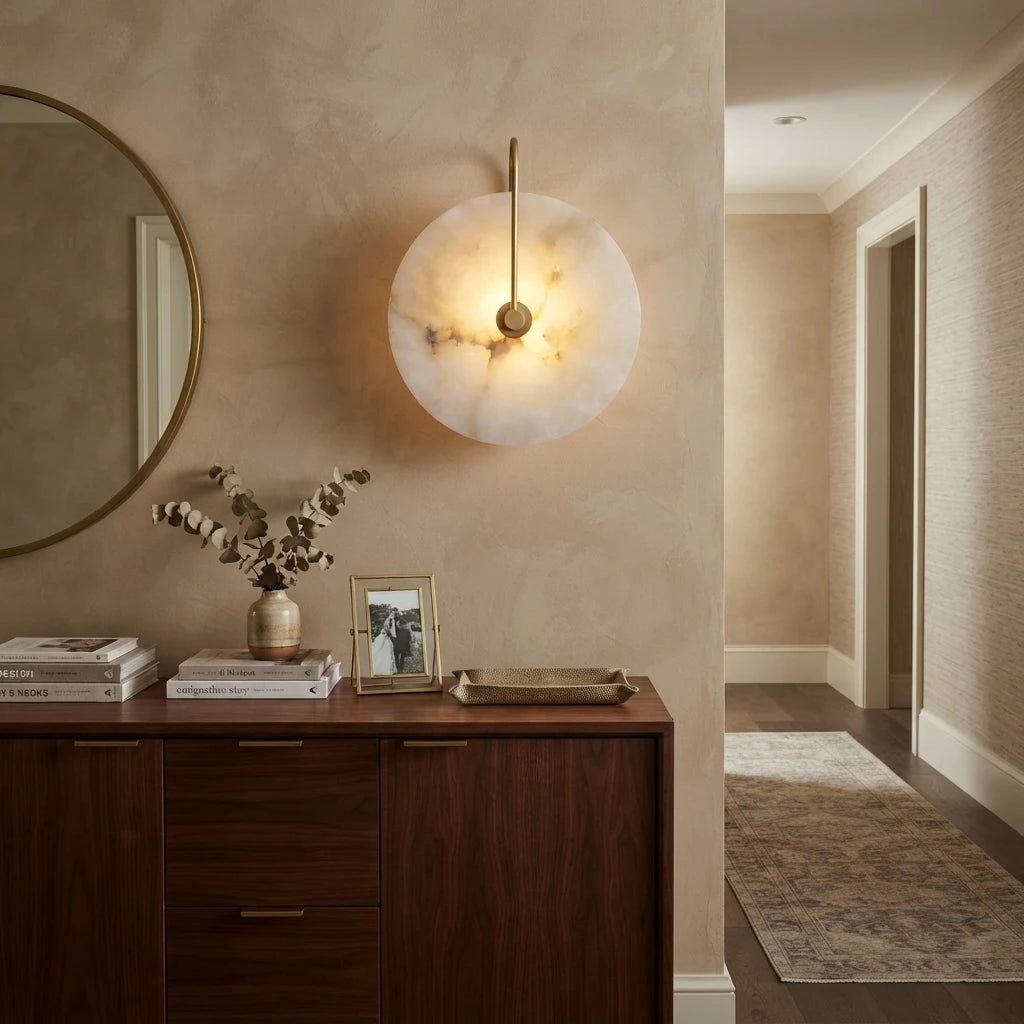 Modern Round Art Glass Wall Sconce Over Living Room Console