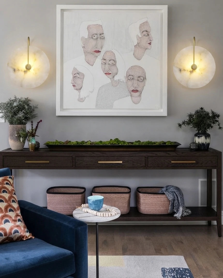 Modern Alabaster Wall Sconces Over Hallway Table