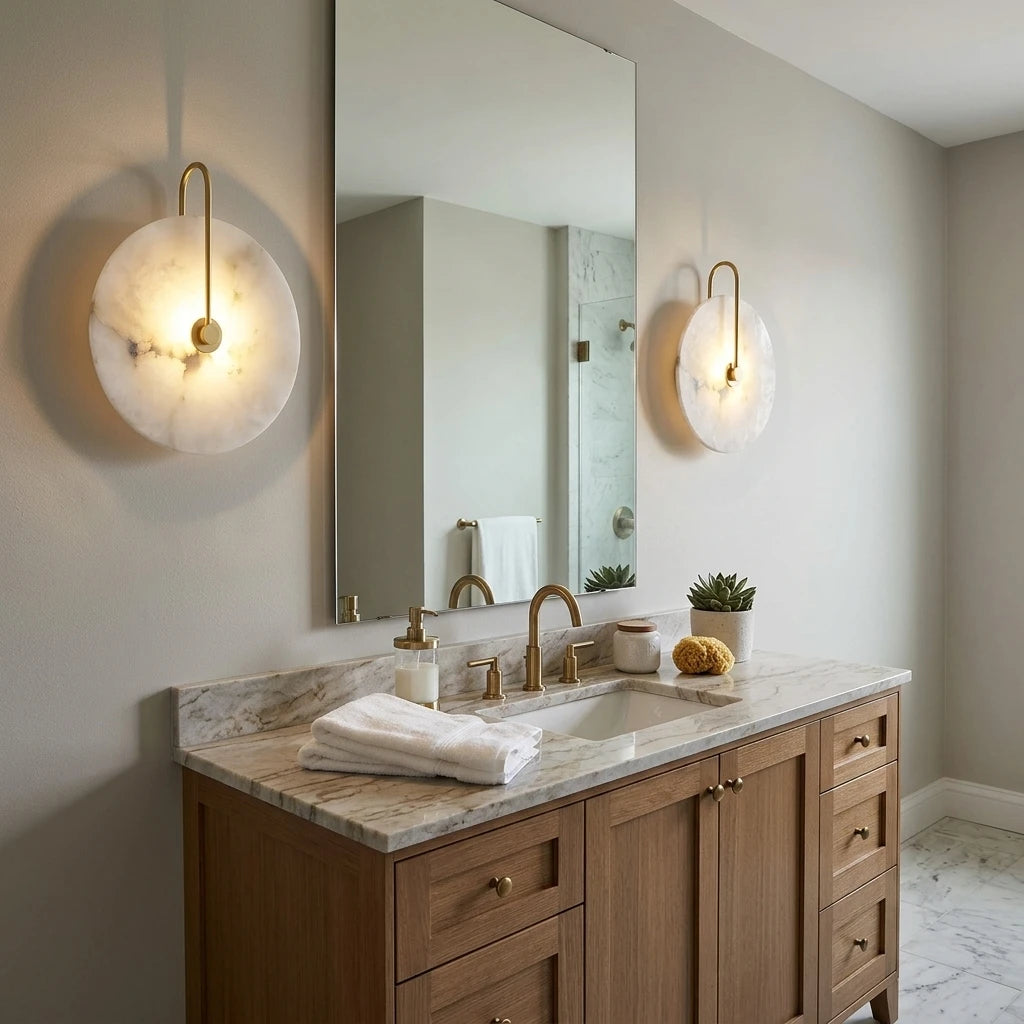 Modern Round Alabaster Wall Sconce Over Bathroom Vanity