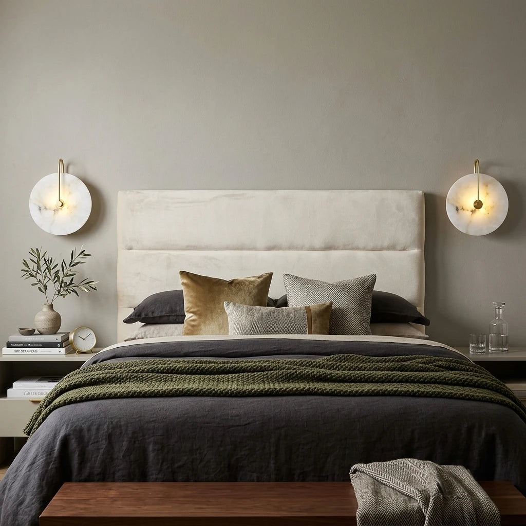 Modern Round Alabaster Wall Sconces in Master Bedroom