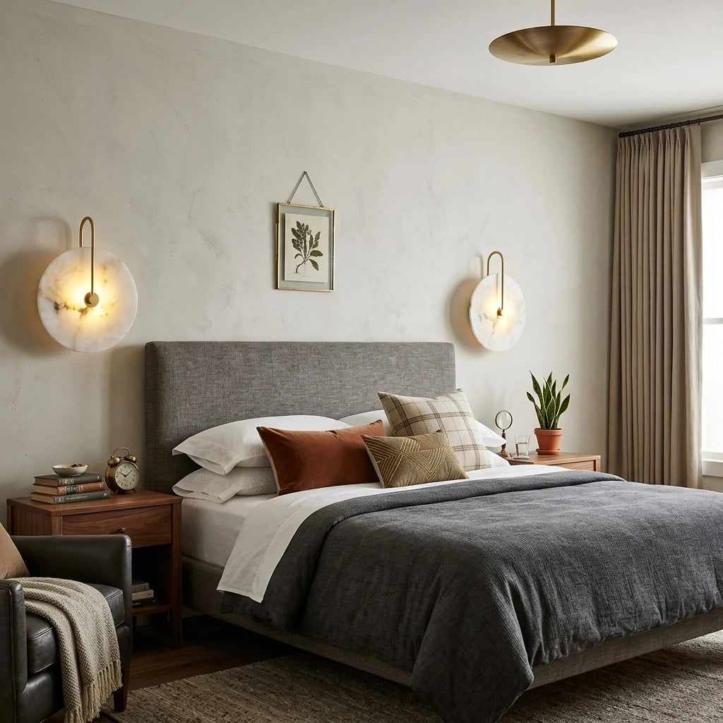 Modern Round Alabaster Wall Sconces in Master Bedroom Setting