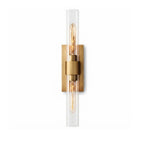 Modern Brass and Clear Crystal Glass Cylinder Wall Sconce on Pure White Background