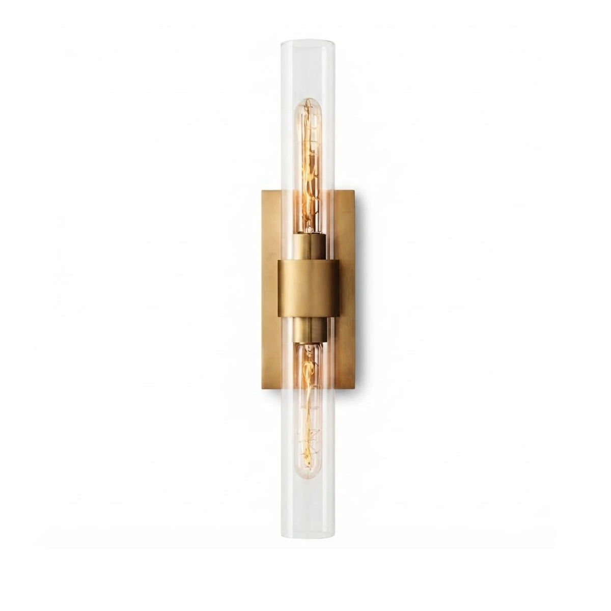 Modern Brass and Clear Crystal Glass Cylinder Wall Sconce on Pure White Background