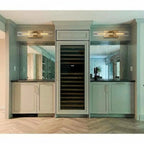 Modern Brass Wall Sconces in Bathroom and Bar Area
