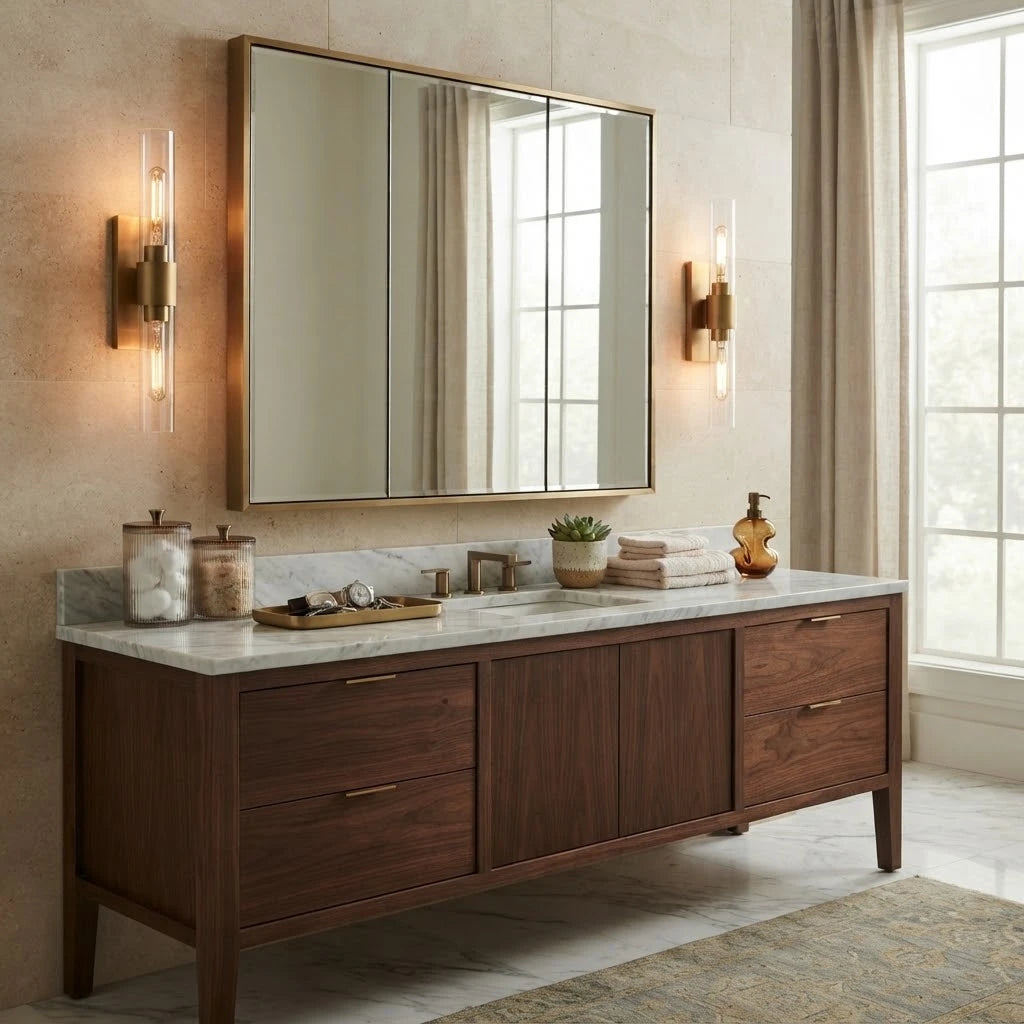 Modern Brass Wall Sconces in Double Vanity Bathroom