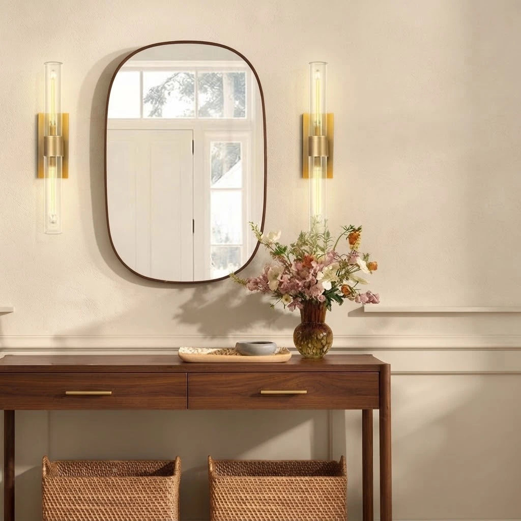Modern Brass Wall Sconces Over Entryway Console Table